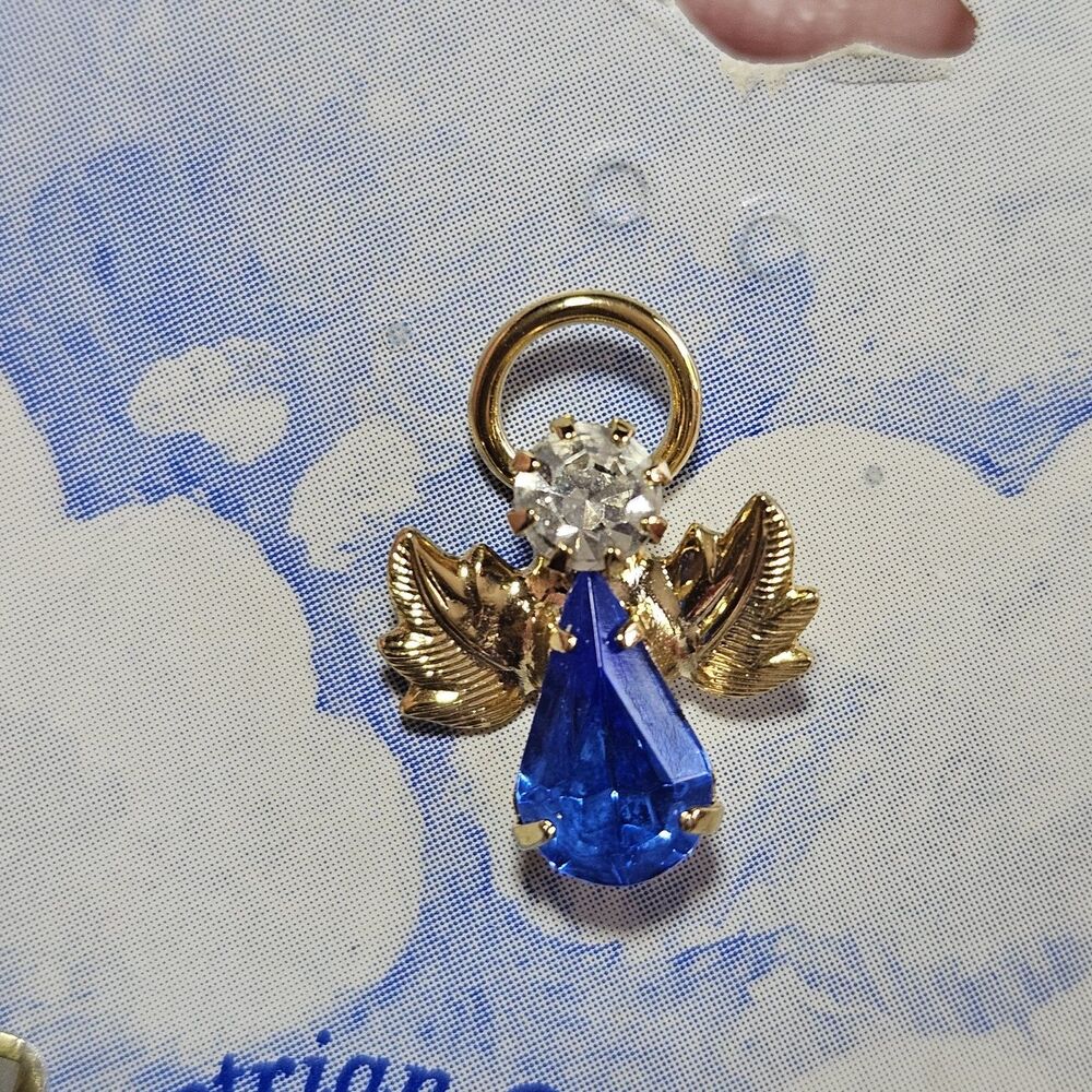 1995 Gold Tone Austrian September Sapphire Crystal Angel Pin Made In USA